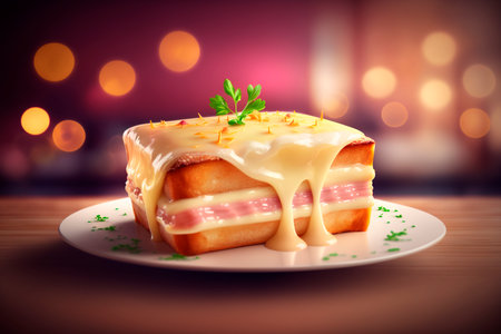 Satisfy your cravings with a warm and melty croque monsieur - a beloved French ham and cheese sandwich.の素材