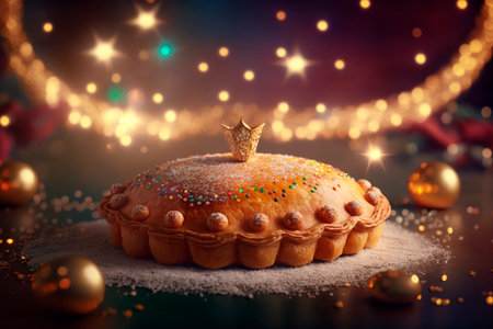 Indulge in the rich, buttery goodness of Tarte des Rois, a French cake made with almond paste and puff pastry, traditionally enjoyed during La Fete des Rois.の素材