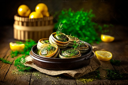 Escargot is a French delicacy made from edible land snails. It is typically served as an appetizer or side dish, and is often served with a garlic-based butter or cream sauce.の素材