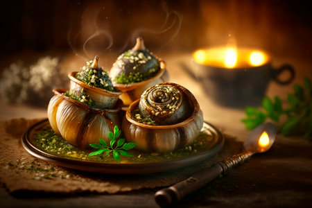 Escargot is a French delicacy made from edible land snails. It is typically served as an appetizer or side dish, and is often served with a garlic-based butter or cream sauce.の素材