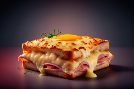 Satisfy your cravings with a warm and melty croque monsieur - a beloved French ham and cheese sandwich.の素材