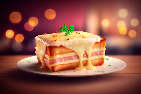 Satisfy your cravings with a warm and melty croque monsieur - a beloved French ham and cheese sandwich.の素材