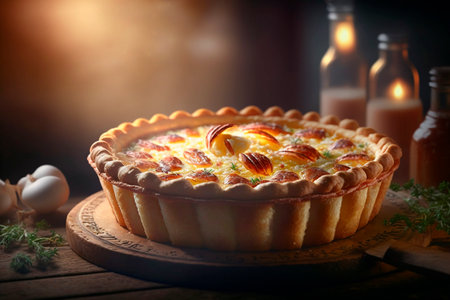 Discover the classic French dish: Quiche Lorraine, made with savory ham, eggs, and cheese filling in a crispy crust. Perfect for any mealtimeの素材