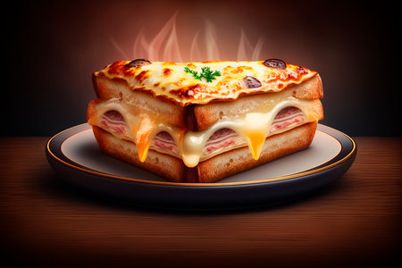 Satisfy your cravings with a warm and melty croque monsieur - a beloved French ham and cheese sandwich.の素材