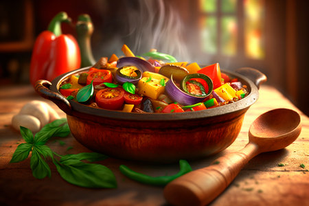 A savory medley of vegetables in a rustic earthenware bowlの素材