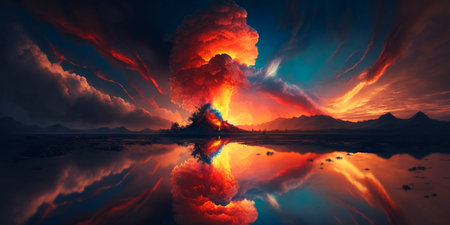 Dramatic sky with fiery sunset and clouds AI generated illustrationの素材