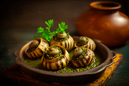 Escargot is a French delicacy made from edible land snails. It is typically served as an appetizer or side dish, and is often served with a garlic-based butter or cream sauce.の素材