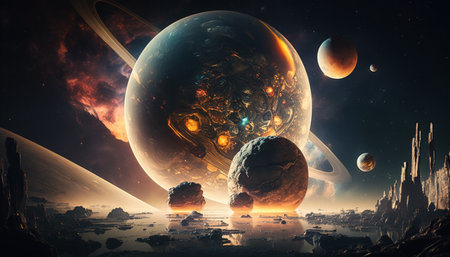A mystical world with alien planets and a sun system in the firmament on another planet, mystical, magical, enchanting.の素材