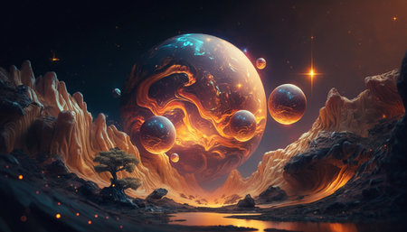 A mystical world with alien planets and a sun system in the firmament on another planet, mystical, magical, enchanting.の素材