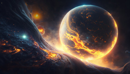 A mystical world with alien planets and a sun system in the firmament on another planet, mystical, magical, enchanting.の素材