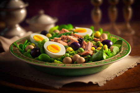 This classic French salad from Nice is bursting with fresh ingredients like tomatoes, green beans, olives, anchovies, and boiled eggs, topped with tuna and a tangy vinaigrette dressing.の素材