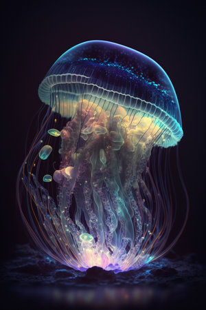 Discover the ethereal beauty of a fluorescent jellyfish in the depths of the oceanの素材