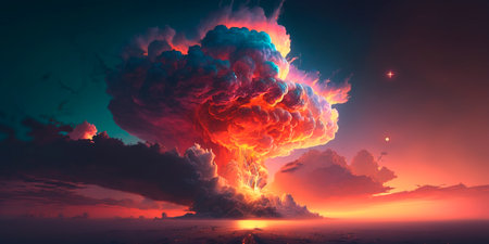 Dramatic sky with fiery sunset and clouds AI generated illustrationの素材