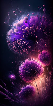 Experience the mesmerizing beauty of purple fireworks exploding in intricate detail against the dark sky.の素材