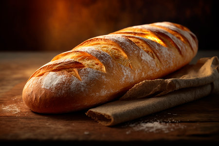 Savor the crispy goodness of a French baguette in a charming rustic atmosphereの素材