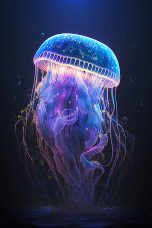 Discover the ethereal beauty of a fluorescent jellyfish in the depths of the oceanの素材