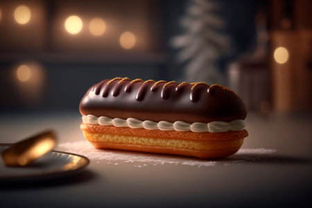 A delicious French pastry with a long choux pastry shell filled with creamy custard and topped with a glossy chocolate or caramel icing, the eclair is a treat that will delight your taste buds.の素材