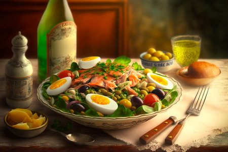 This classic French salad from Nice is bursting with fresh ingredients like tomatoes, green beans, olives, anchovies, and boiled eggs, topped with tuna and a tangy vinaigrette dressing.の素材