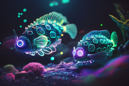 Behold the stunning sight of two glowing deep-sea fish, emitting a mesmerizing display of bioluminescence in the dark, mysterious depths of the ocean.の素材