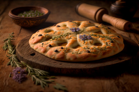 Discover the ancient taste of France with this traditional Fougasse bread from Provence, seasoned with aromatic herbs and olive oil.の素材