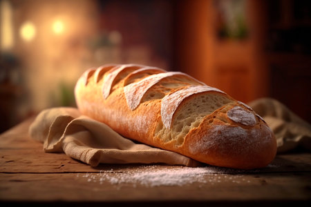 Savor the crispy goodness of a French baguette in a charming rustic atmosphereの素材