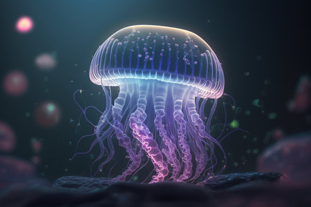 Discover the ethereal beauty of a fluorescent jellyfish in the depths of the oceanの素材