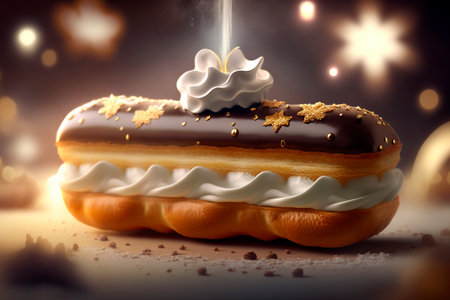 A delicious French pastry with a long choux pastry shell filled with creamy custard and topped with a glossy chocolate or caramel icing, the eclair is a treat that will delight your taste buds.の素材