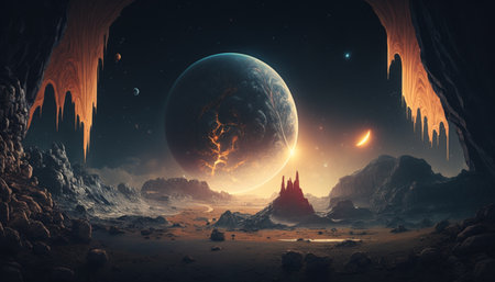 A mystical world with alien planets and a sun system in the firmament on another planet, mystical, magical, enchanting.の素材