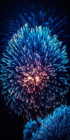 Experience the mesmerizing beauty of blue fireworks exploding in intricate detail against the dark sky.の素材