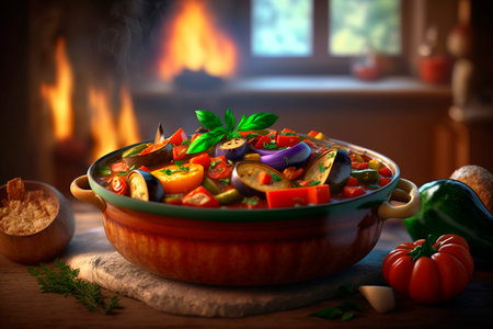 A savory medley of vegetables in a rustic earthenware bowlの素材