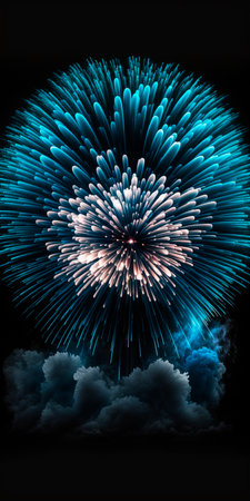 Experience the mesmerizing beauty of blue fireworks exploding in intricate detail against the dark sky.の素材