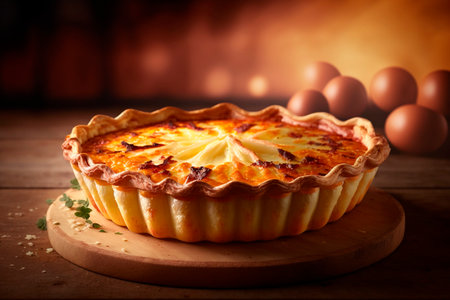 Discover the classic French dish: Quiche Lorraine, made with savory ham, eggs, and cheese filling in a crispy crust. Perfect for any mealtimeの素材