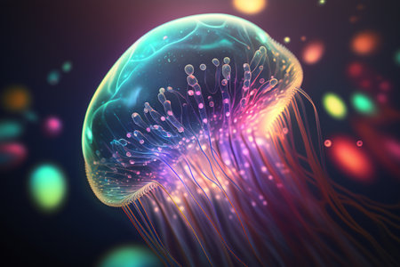 Discover the ethereal beauty of a fluorescent jellyfish in the depths of the oceanの素材