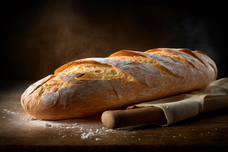 Savor the crispy goodness of a French baguette in a charming rustic atmosphereの素材
