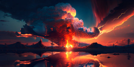 Dramatic sky with fiery sunset and clouds AI generated illustrationの素材