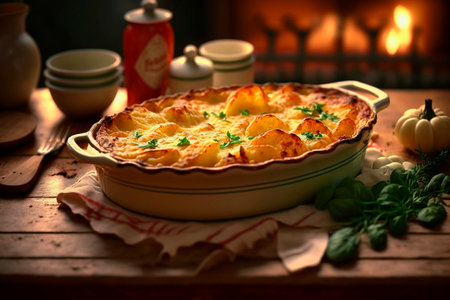 A classic French dish from the Dauphine region, Gratin Dauphinois is made with thinly sliced potatoes, cream, and garlic, baked until golden brown and crispy on top.の素材