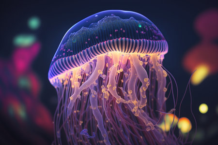 Discover the ethereal beauty of a fluorescent jellyfish in the depths of the oceanの素材
