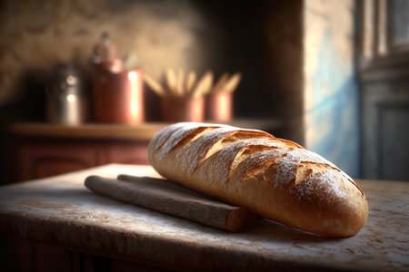 Savor the crispy goodness of a French baguette in a charming rustic atmosphereの素材