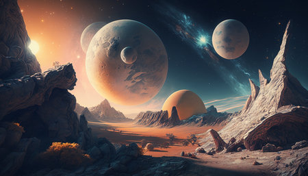 A mystical world with alien planets and a sun system in the firmament on another planet, mystical, magical, enchanting.の素材