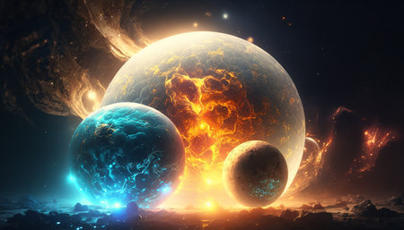 A mystical world with alien planets and a sun system in the firmament on another planet, mystical, magical, enchanting.の素材