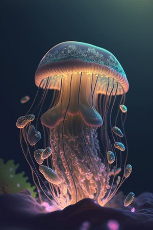 Discover the ethereal beauty of a fluorescent jellyfish in the depths of the oceanの素材