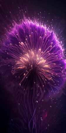 Experience the mesmerizing beauty of purple fireworks exploding in intricate detail against the dark sky.の素材
