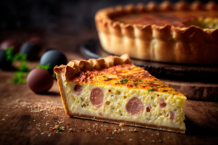 Discover the classic French dish: Quiche Lorraine, made with savory ham, eggs, and cheese filling in a crispy crust. Perfect for any mealtimeの素材