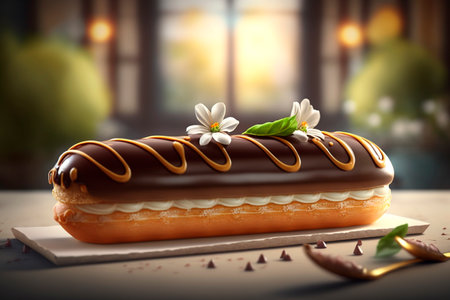 A delicious French pastry with a long choux pastry shell filled with creamy custard and topped with a glossy chocolate or caramel icing, the eclair is a treat that will delight your taste buds.の素材