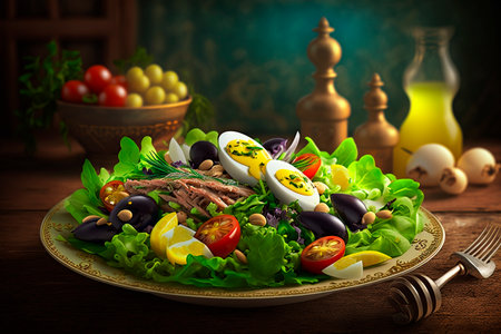 This classic French salad from Nice is bursting with fresh ingredients like tomatoes, green beans, olives, anchovies, and boiled eggs, topped with tuna and a tangy vinaigrette dressing.の素材