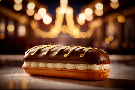 A delicious French pastry with a long choux pastry shell filled with creamy custard and topped with a glossy chocolate or caramel icing, the eclair is a treat that will delight your taste buds.の素材