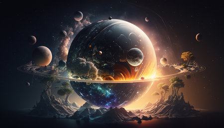 A mystical world with alien planets and a sun system in the firmament on another planet, mystical, magical, enchanting.の素材