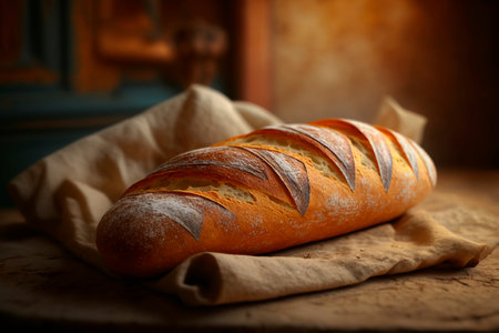 Savor the crispy goodness of a French baguette in a charming rustic atmosphereの素材