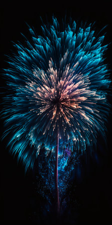 Experience the mesmerizing beauty of blue fireworks exploding in intricate detail against the dark sky.の素材