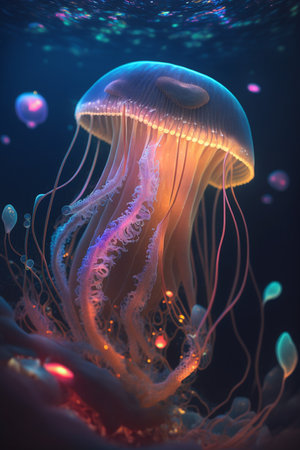 Discover the ethereal beauty of a fluorescent jellyfish in the depths of the oceanの素材